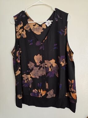CAbi Black Floral Button-Front Sleeveless Blouse with Gold & Purple Accents